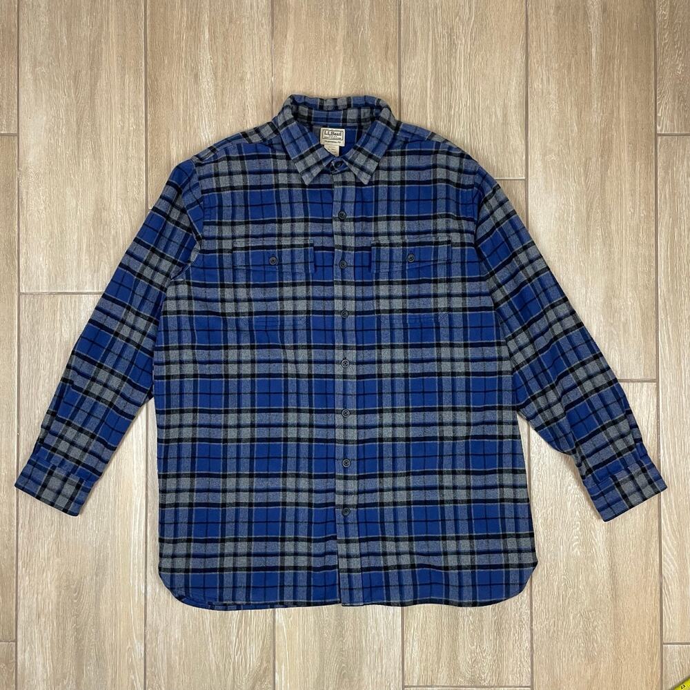 L.L.Bean Flannel Shirt Mens XL Tall Blue Gray Plaid Traditional Fit Cotton